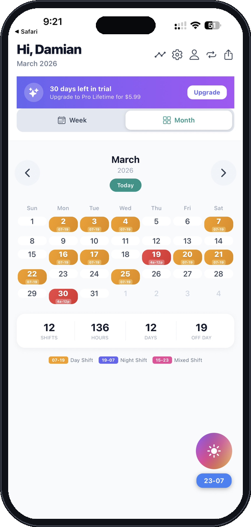 CareShiftER month calendar with shifts