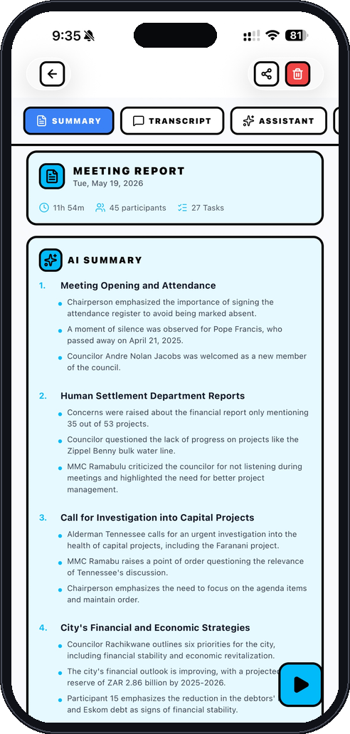MeetingMark AI summary and action items